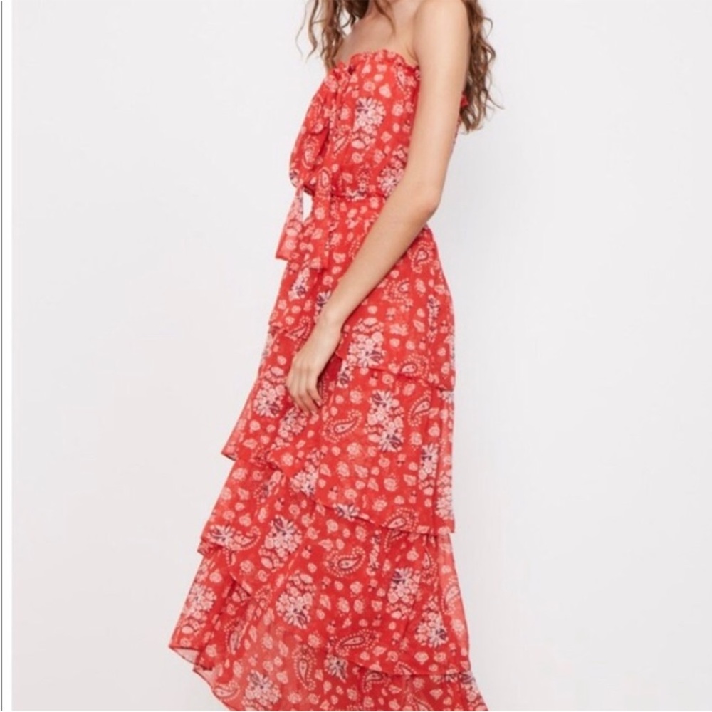 NEW MISA Los Angeles Halter Neck Ruffle Tiered Floral Maxi Dress Red Boho Summer - Picture 7 of 16
